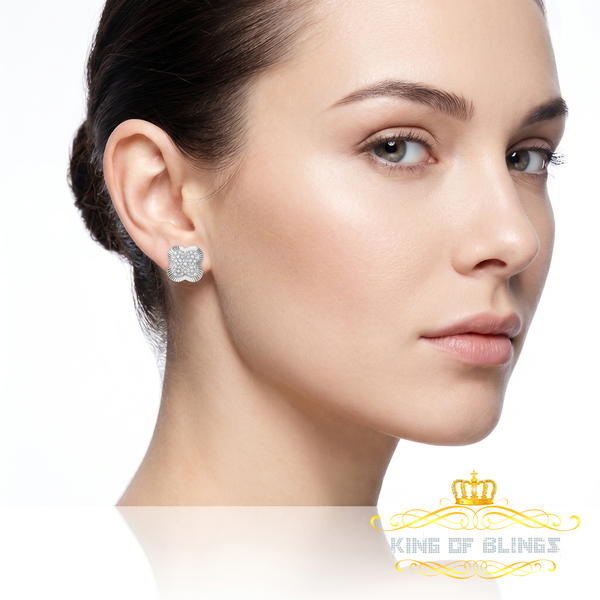 King of Bling's 1.00ct 925 Sterling Silver Moissanite Clover Stud Earrings For Men & Women