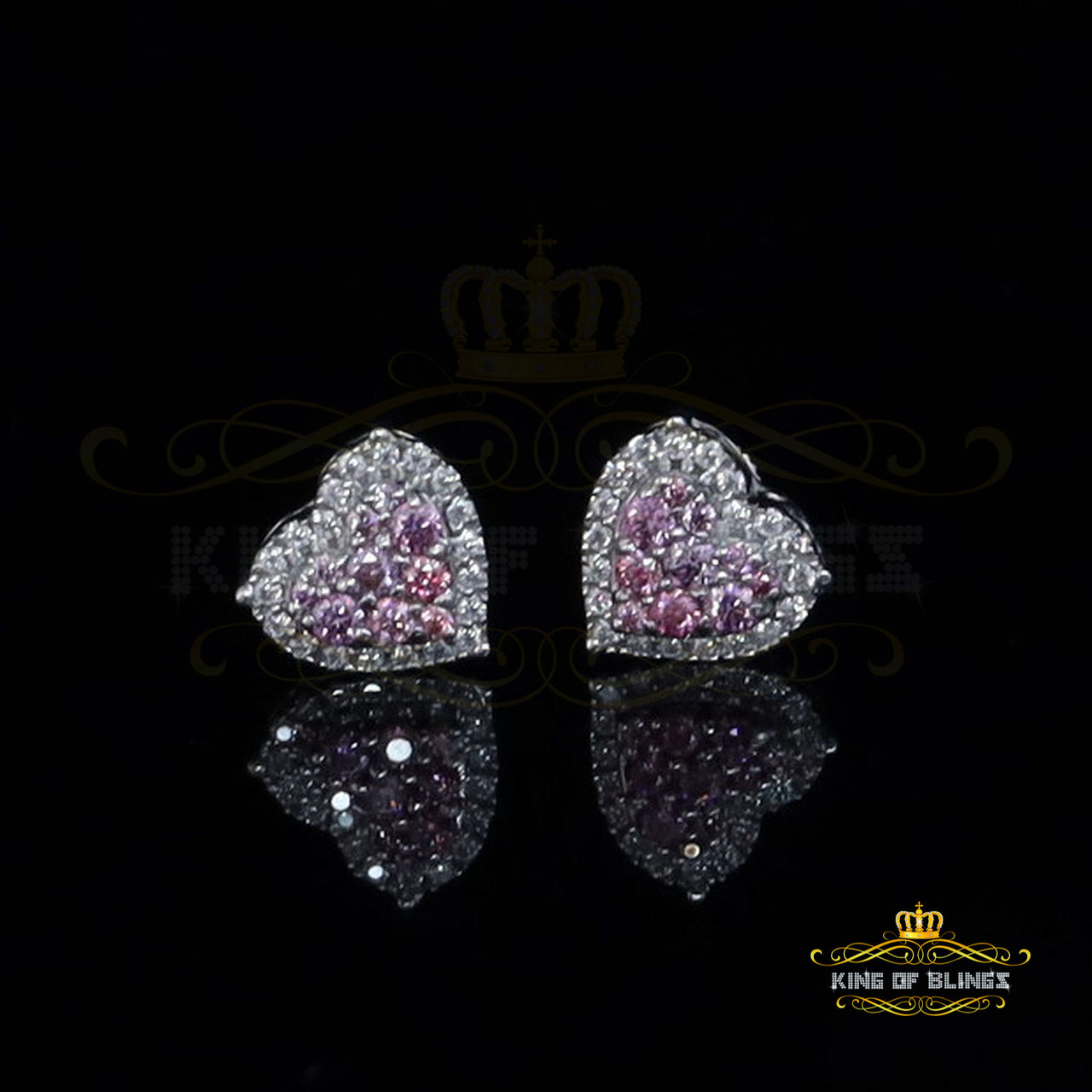 King of Bling's New Men's/Women's 925 Silver White 1.00ct VVS 'D' Pink Moissanite Heart Earrings