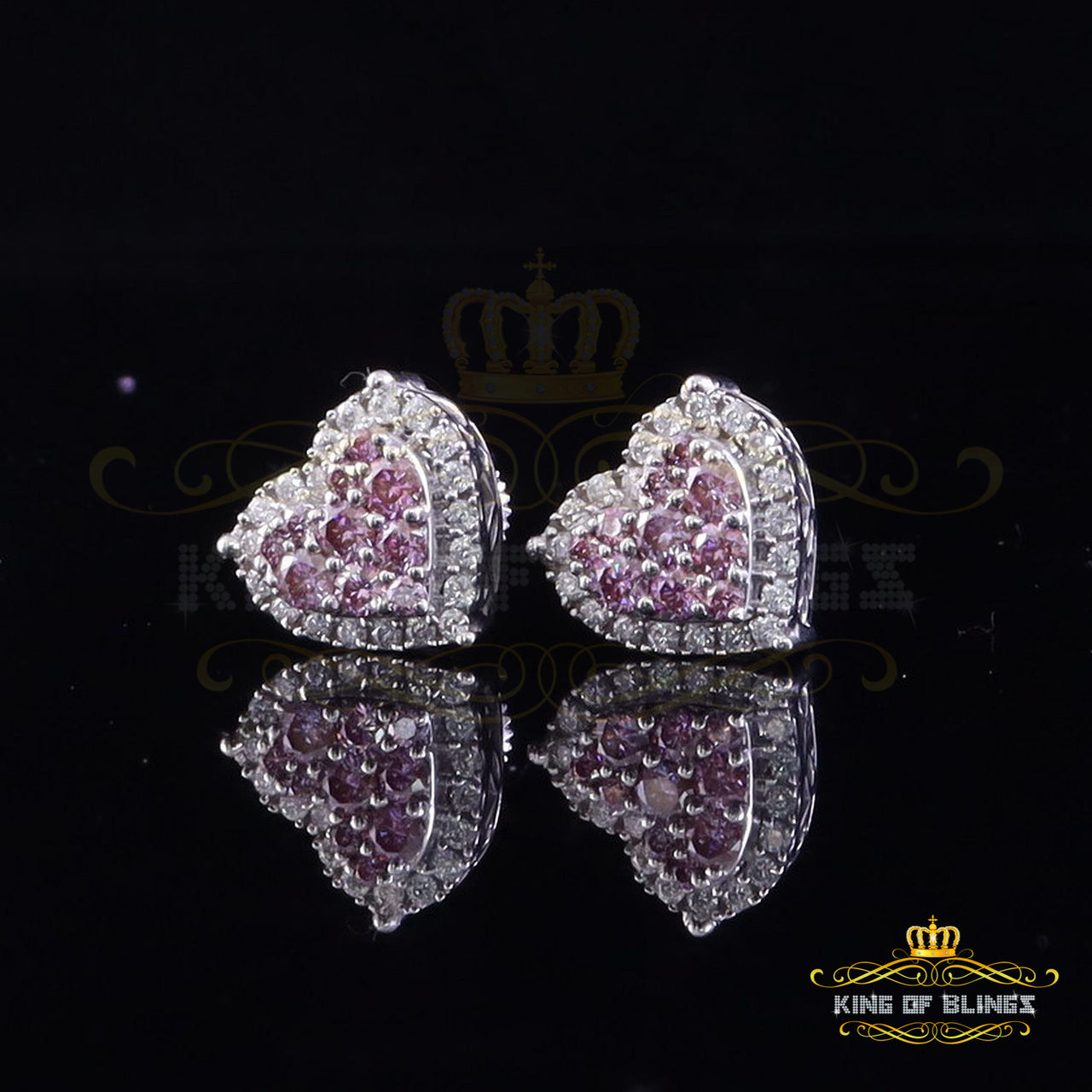 King of Bling's New Men's/Women's 1.66 ct VVS D Pink Moissanite 925 Silver White Heart Earrings