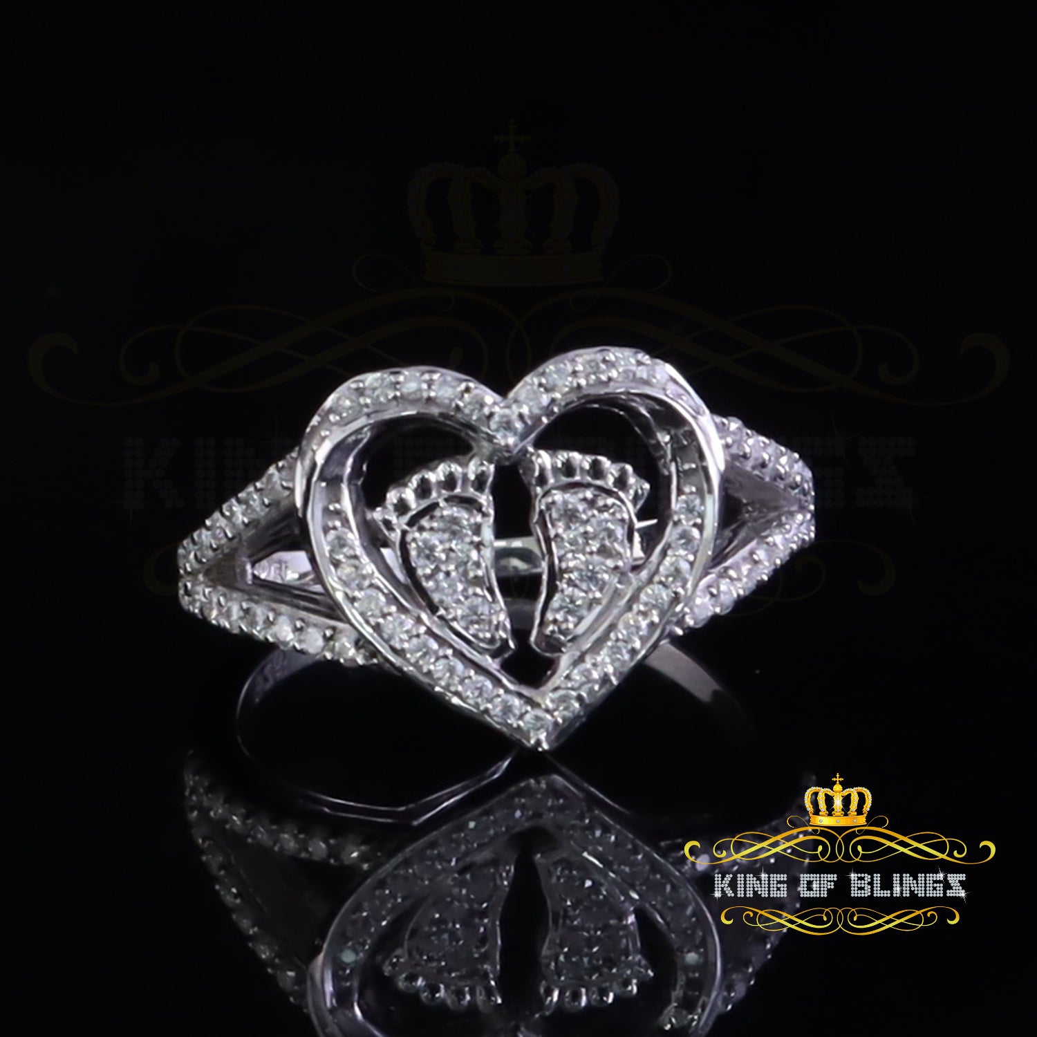 King of Bling's 925 Silver White Heart Child feet 1.00ct VVS D Moissanite Mom Rings Size 8 Women King of Blings