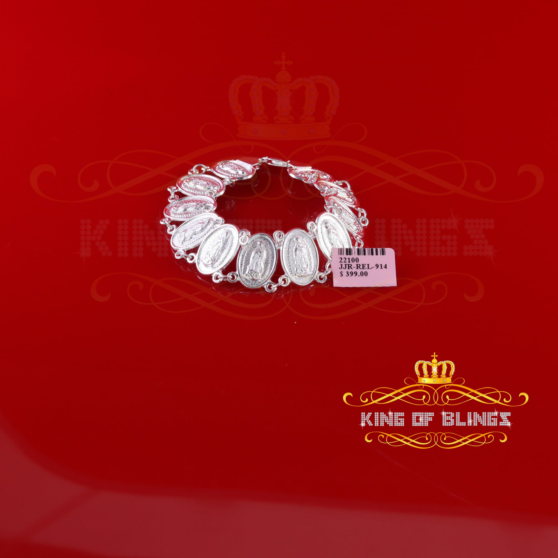 KING OF BLINGS Big Look White 925 Sterling Silver Women's Oval Shape Virgin Mary Bracelet SZ 8 KING OF BLINGS