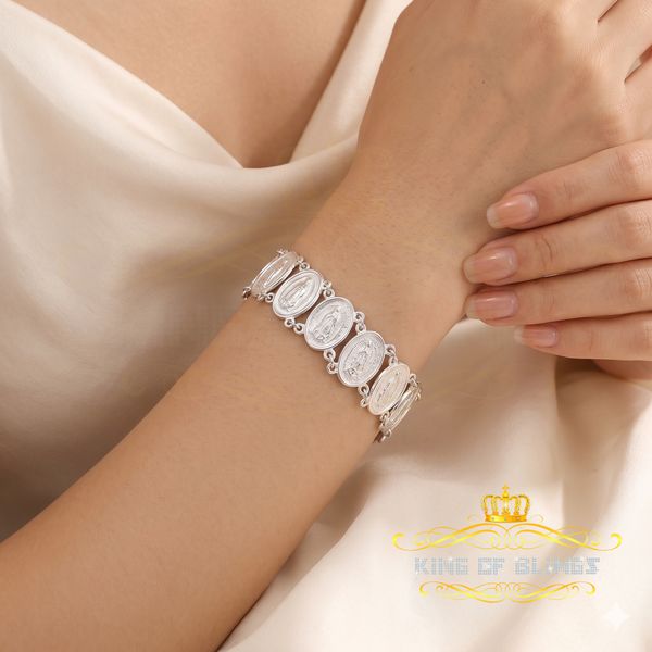 KING OF BLINGS Big Look White 925 Sterling Silver Women's Oval Shape Virgin Mary Bracelet SZ 8
