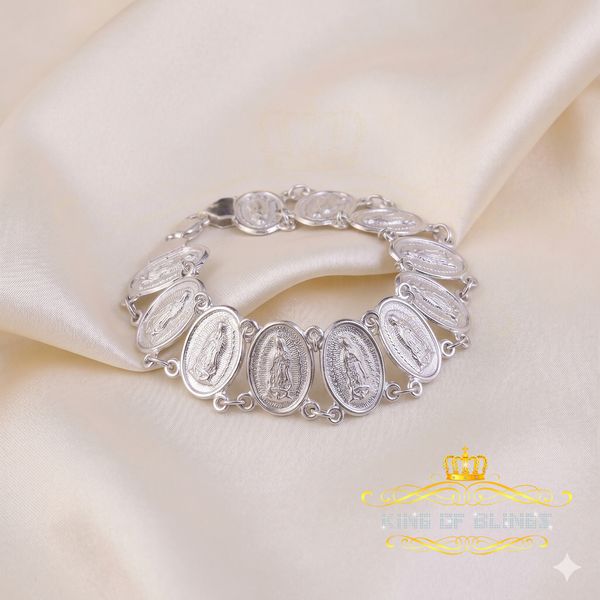 KING OF BLINGS Big Look White 925 Sterling Silver Women's Oval Shape Virgin Mary Bracelet SZ 8