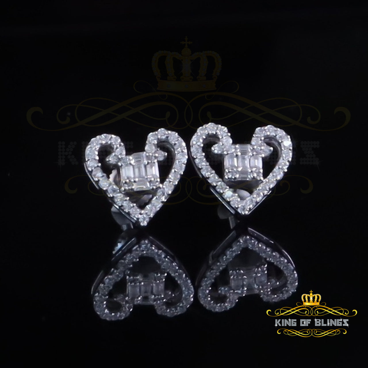 King of Bling's 0.50ct Baguette VVS D Moissanite Men/Womens 925 Silver White Heart Stud Earring KING OF BLINGS