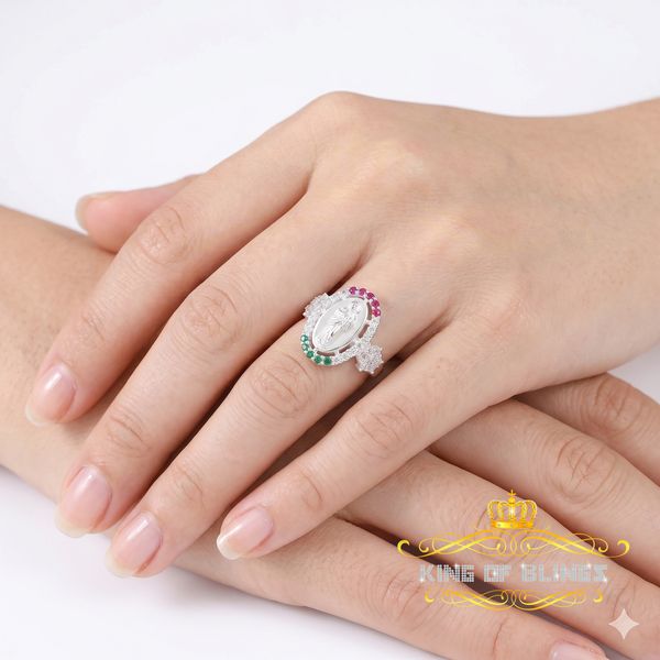King Of Bling'sWhite 925 Silver Saint Jude Thaddeus Pink & Green stone Women Religious Ring SZ7 KING OF BLINGS