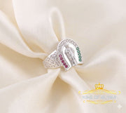 King Of Bling'sWhite 925 Silver Saint Jude Thaddeus Pink & Green CZ Horse Shoe Women Ring SZ 6 KING OF BLINGS