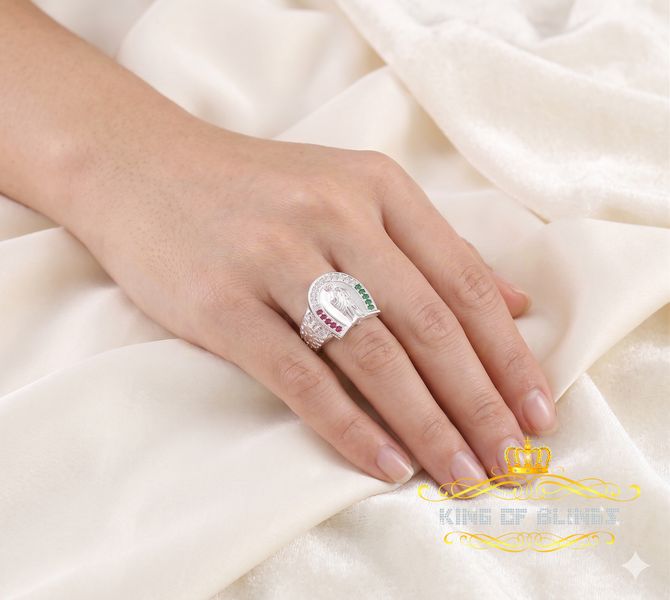 King Of Bling'sWhite 925 Silver Saint Jude Thaddeus Pink & Green CZ Horse Shoe Women Ring SZ 6 KING OF BLINGS