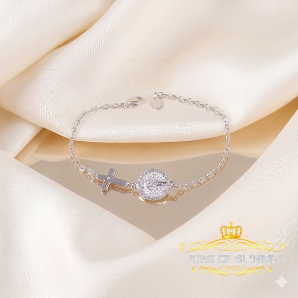 King Of Bling's CZ White Women's 925 Sterling Silver Virgin Merry and Cross Bracelet SZ 8 KING OF BLINGS