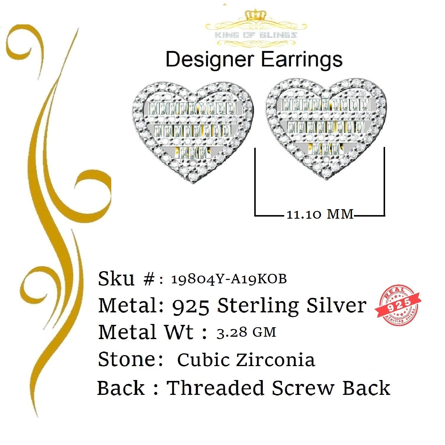 King of Bling's 925 Yellow Sterling Silver 1.48ct Cubic Zirconia Men's & Women's Heart Earrings KING OF BLINGS