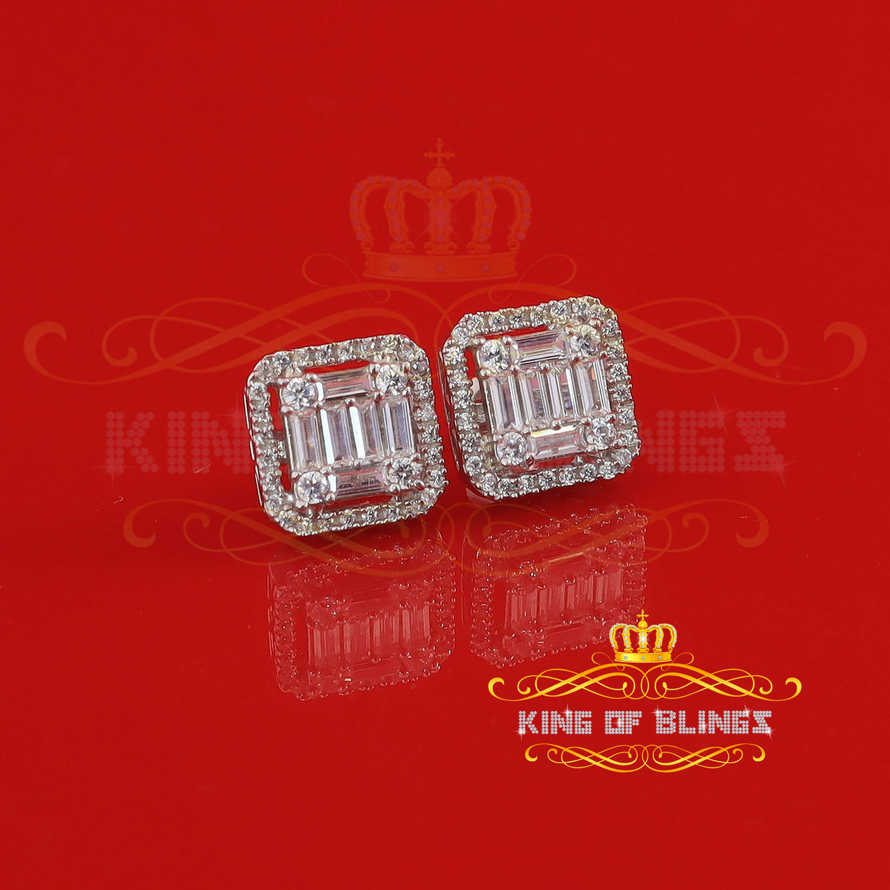 King of Bling's White 925 Silver 0.96ct Cubic Zirconia Women's Hip Hop Baugette Square Earrings