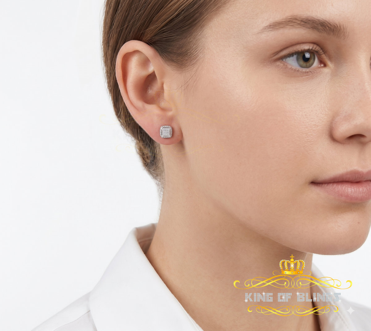 King Of Bling's 0.05ct Diamond Square Earrings For Women White 925 Sterling Silver Stud For Men KING OF BLINGS