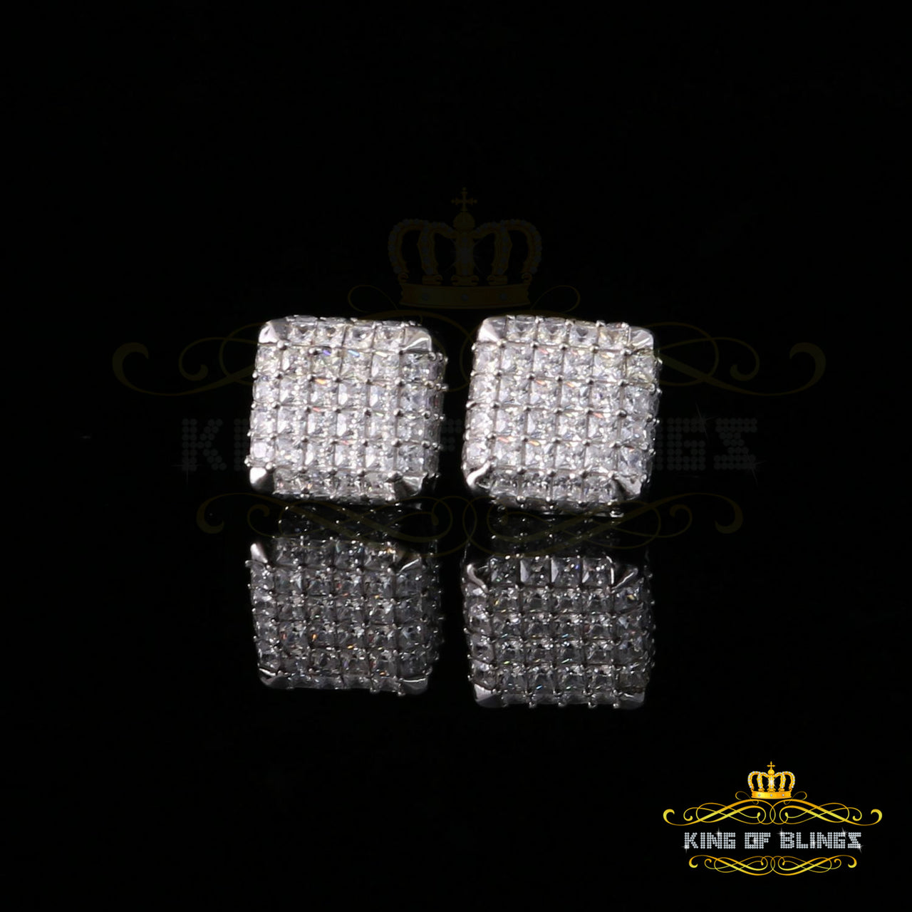 King of Blings- Cubic Zirconia 925 White Silver Screw Back1.95ct Hip Hop Square Women's Earrings