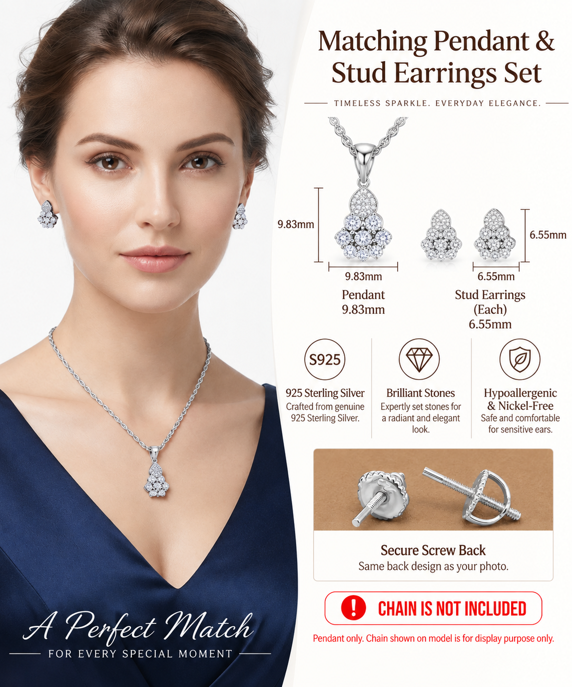 King of Bling's 925 White Silver 0.33CT Genuine Diamond Round Floral Shape Pendant & Earring Set King of Blings