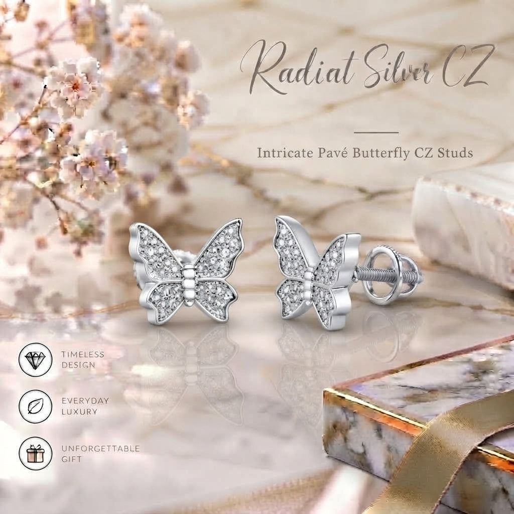 King of Bling's Women's 0.34ct Cubic Zirconia Butterfly Stud Earrings White 925 Sterling Silver KING OF BLINGS