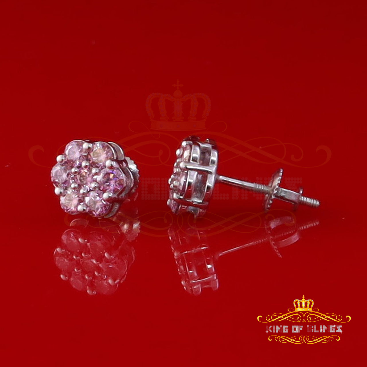 King of Bling's Mens/Womens 925 Silver White 1.00ct VVS 'D' Pink Moissanite Floral Stud Earrings