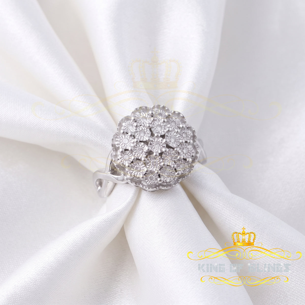 King Of Bling's 0.10CT Real Diamond 925 Sterling White Silver Womens Floral Ring Size 7 KING OF BLINGS