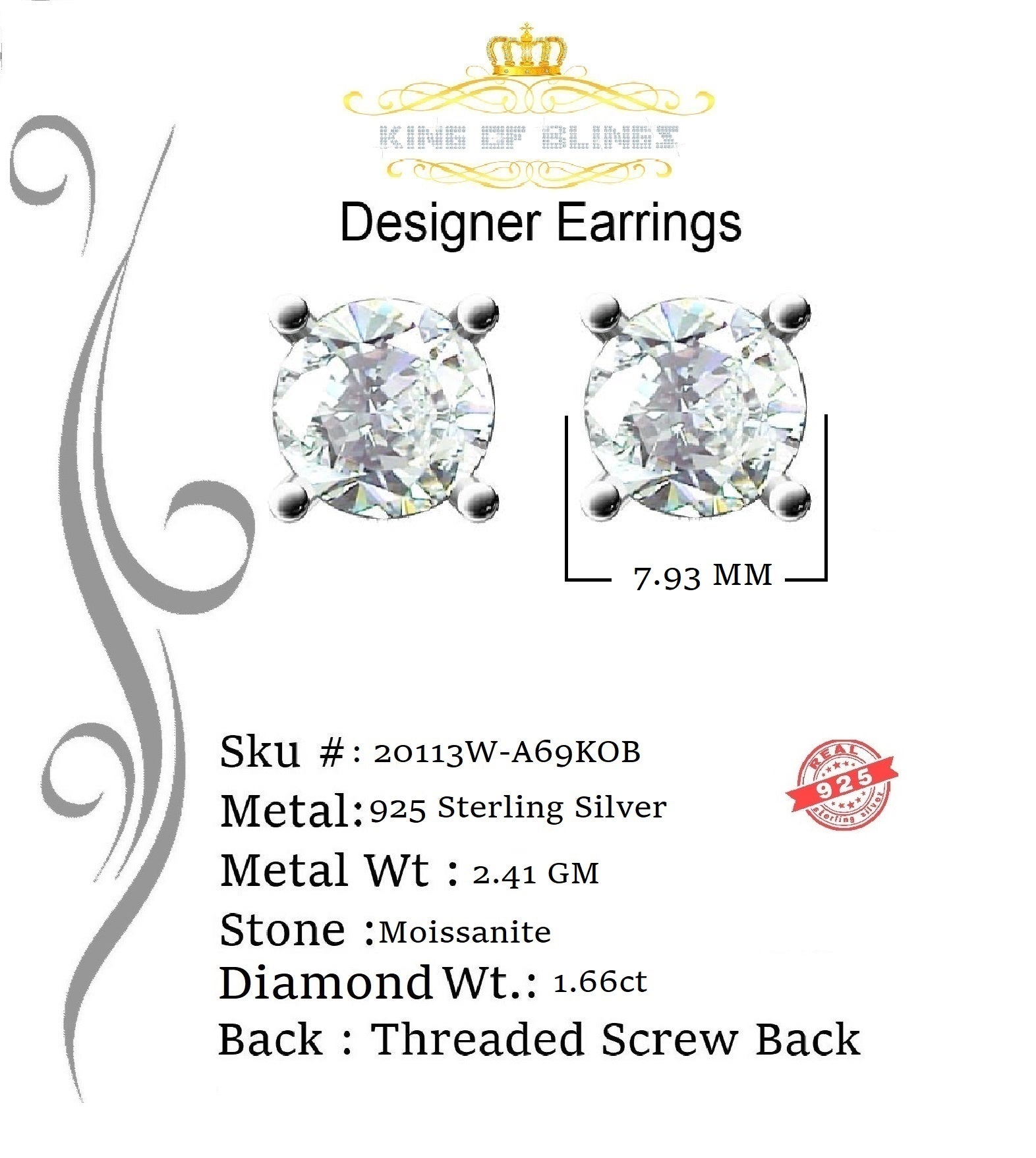 King of Bling's Men's/Women's 925 White silver W/ 3.50ct VVS 'D' Color Moissanite Stud Earrings KING OF BLINGS