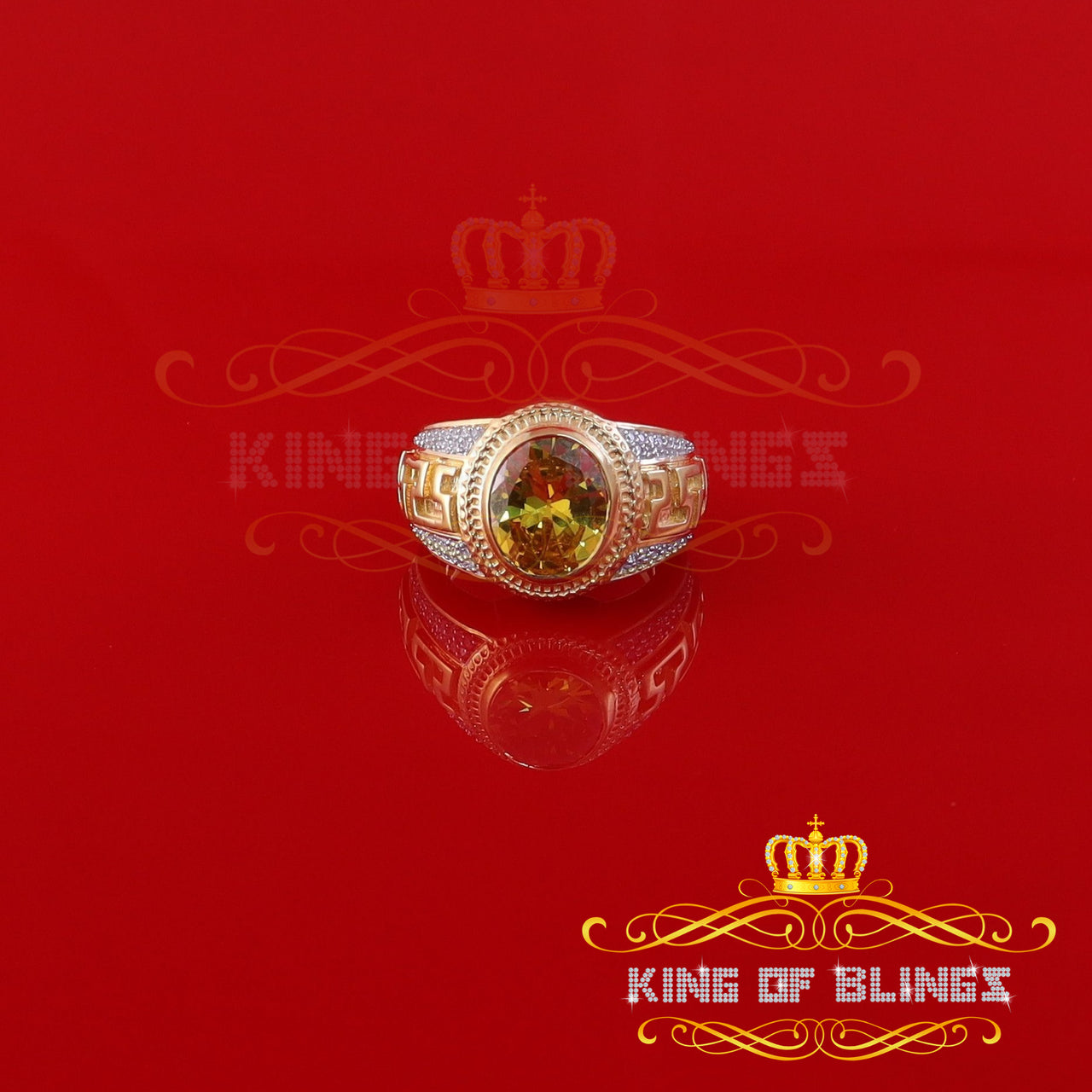King Of Bling's 8.10ct Yellow Silver Oval Cubic Zirconia Men's Adjustable Ring From SZ 9 to 10