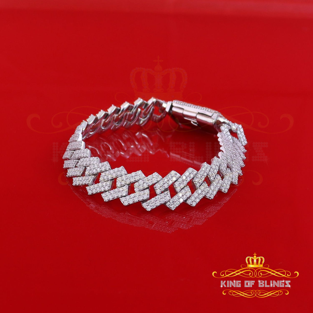 King Of Bling's Monaco Men's Bracelet 925 Silver White 15ct Moissanite size 8 inch & Width 14mm