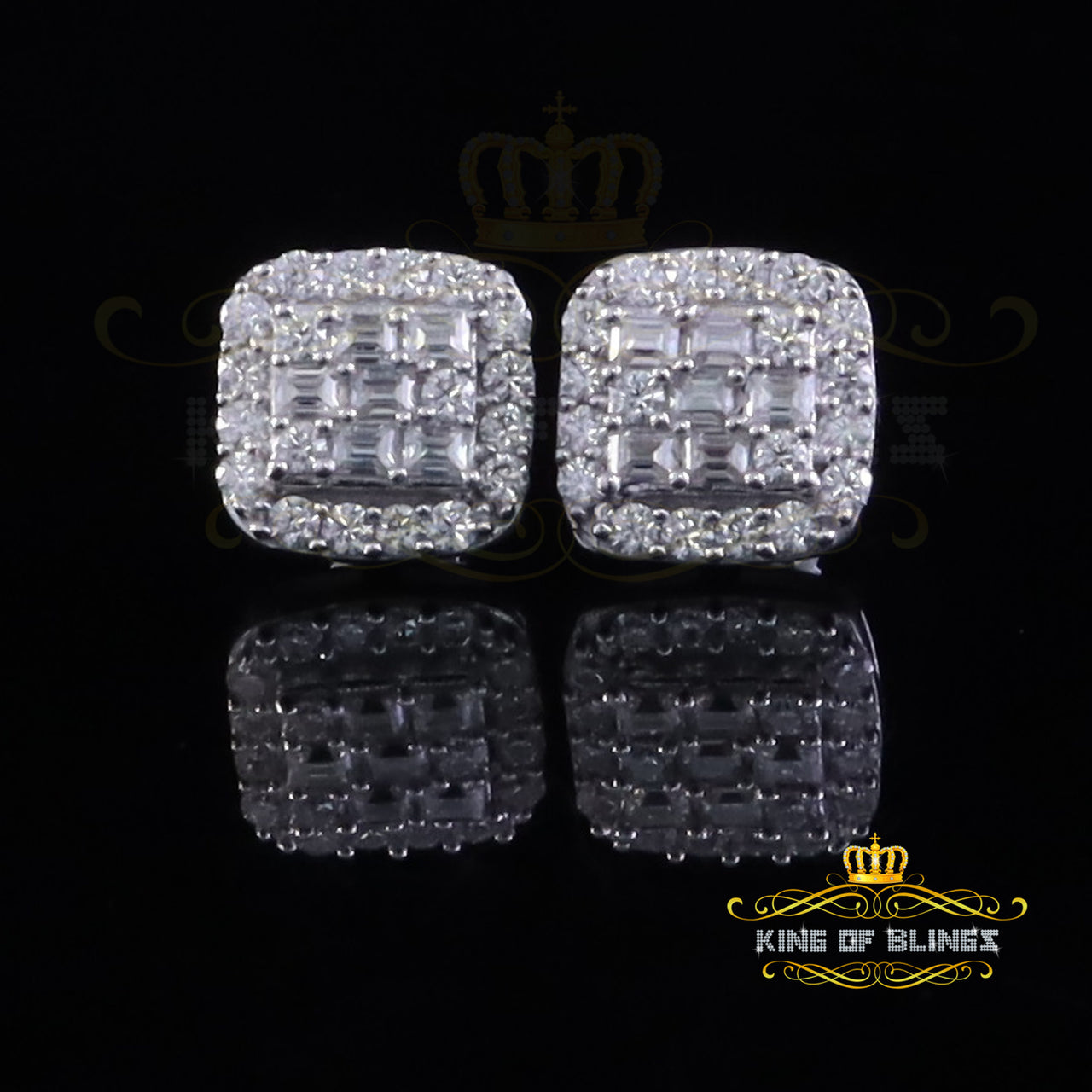 King of Bling's 925 White Silver 1.50ct VVS 'D' Baguette Moissanite Men's/Womens Stud Earrings KING OF BLINGS