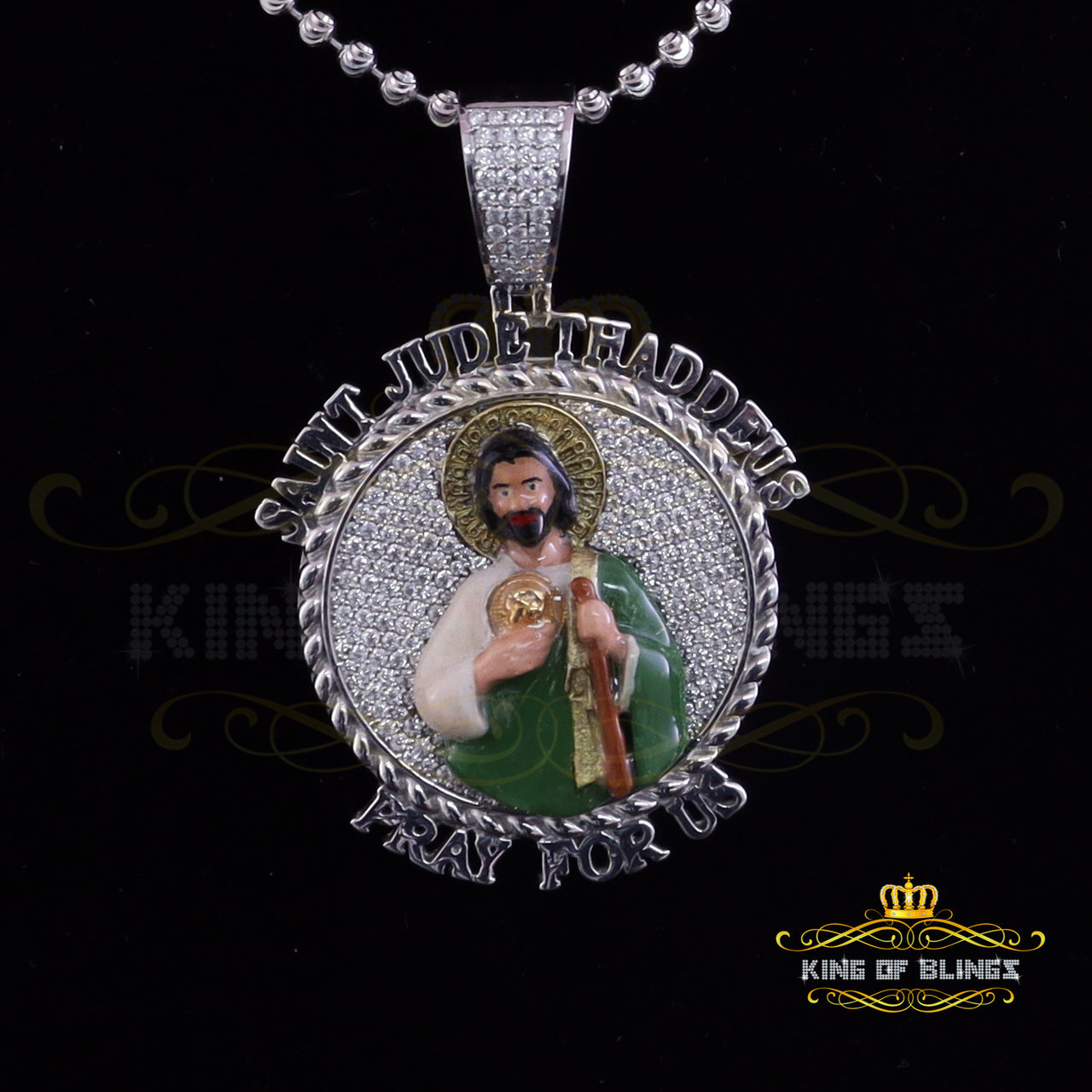 King Of Bling's SAINT JUDE THADDEUS Sterling Silver White Pendant with 2.0ct Genuine Moissanite KING OF BLINGS