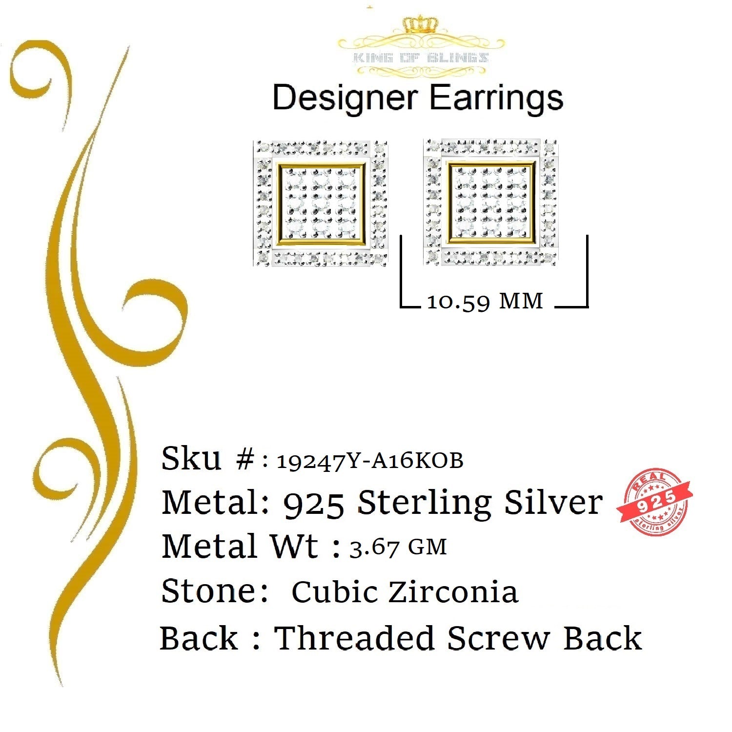 King of Bling's Elegant Square Yellow 925 Silver Screw Back 1.05ct Cubic Zirconia Ladies Earring KING OF BLINGS