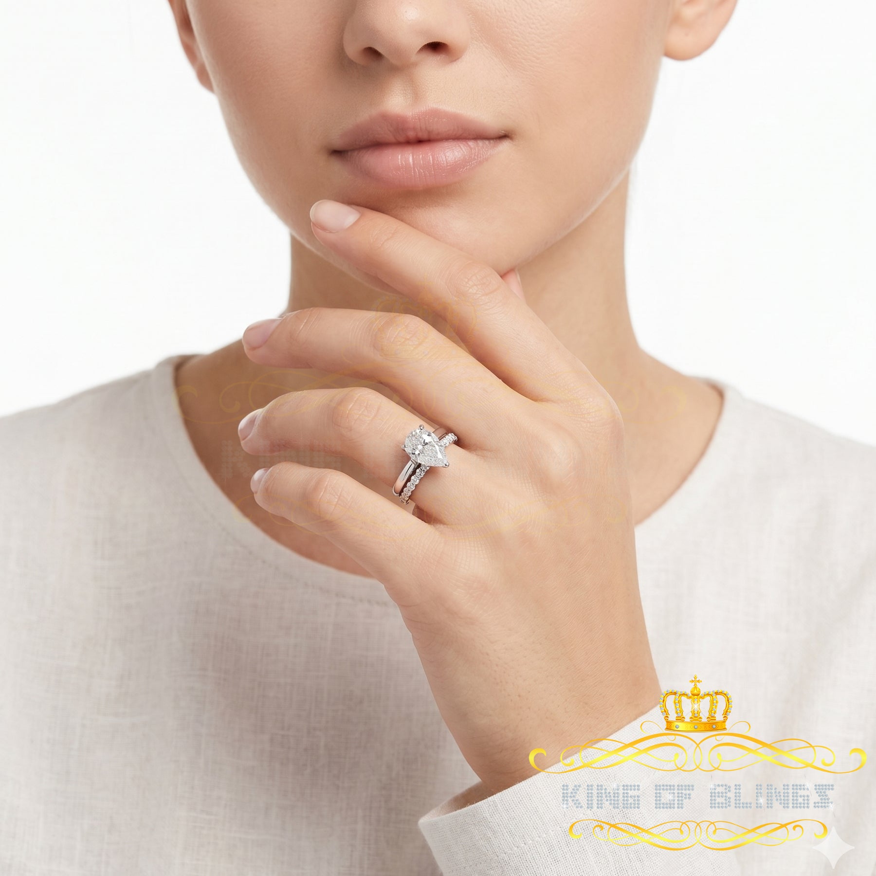 King of Bling's 5.00ct Moissanite White Sterling Silver Men/ Women Bridal Ring Pear Shape Size 8 KING OF BLINGS