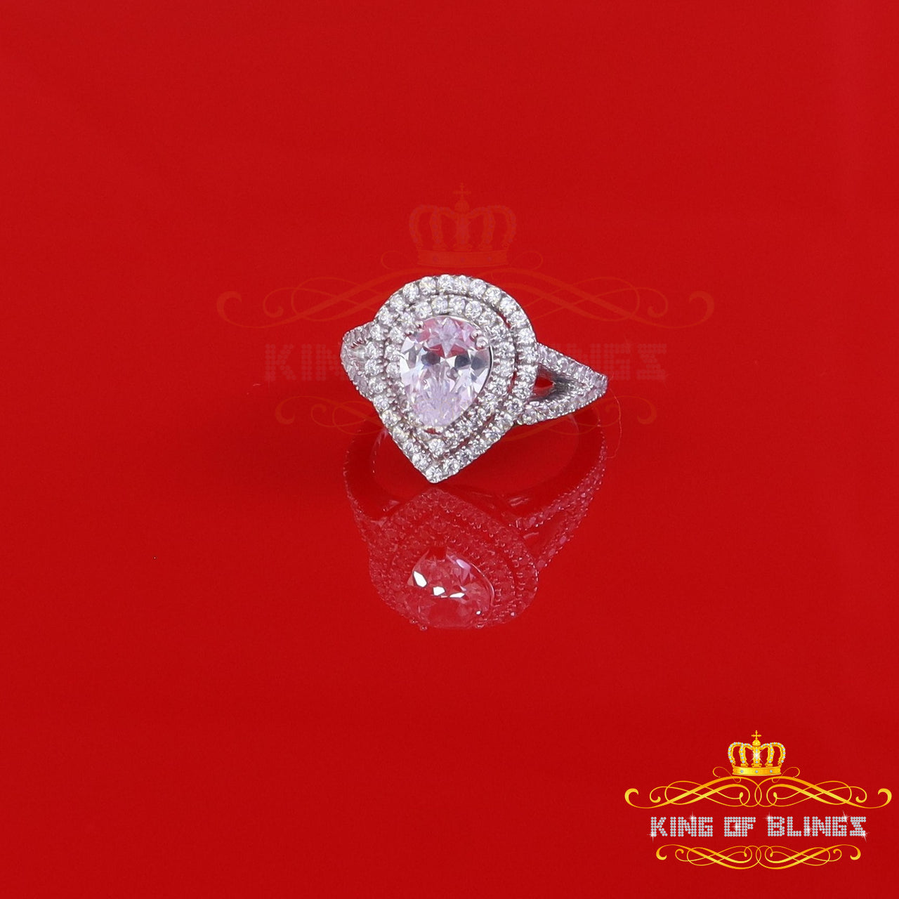 King Of Bling's3.78ct Cubic Zirconia White Silve Pear Cut HaloWedding Womens Ring Sz 6.5