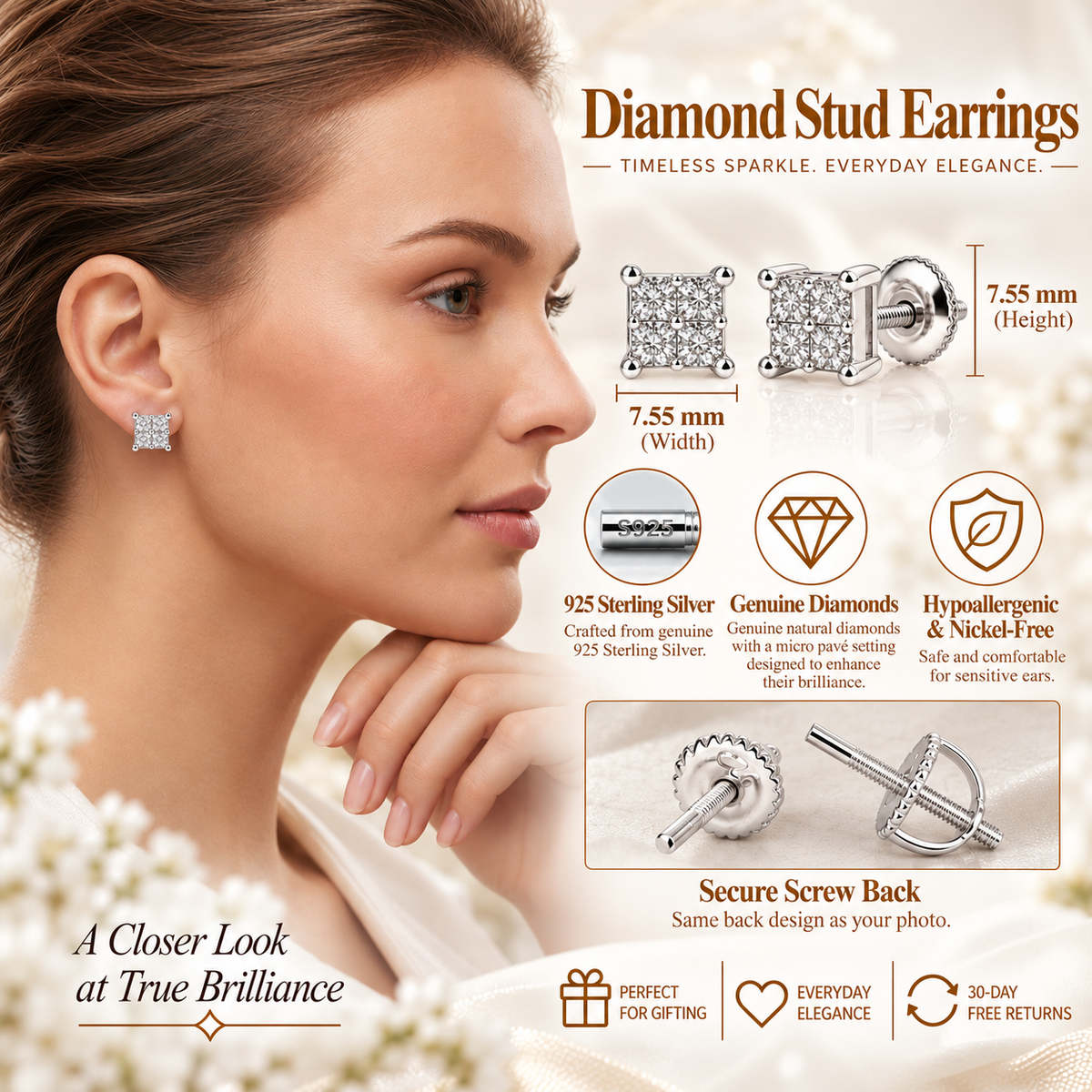 King Of Bling's 0.05ct Diamond Stud Earrings For Women White 925 Sterling Silver Stud For Men KING OF BLINGS