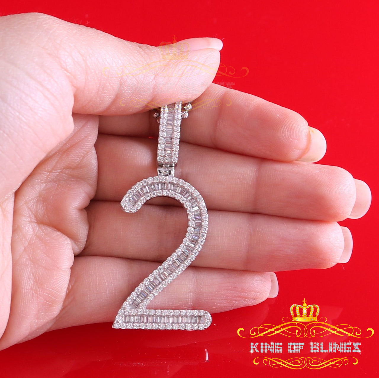 4.50ct Cubic Zirconia White 925 Sterling Silver Baguette Numeric '2' Pendant KING OF BLINGS
