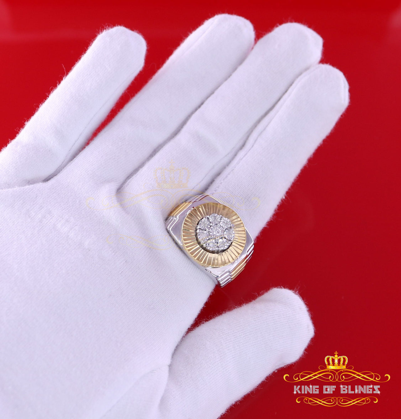 King Of Bling's 0.15CT Real Diamond Men's Sterling Silver Two Tone Ring Size 9 in White