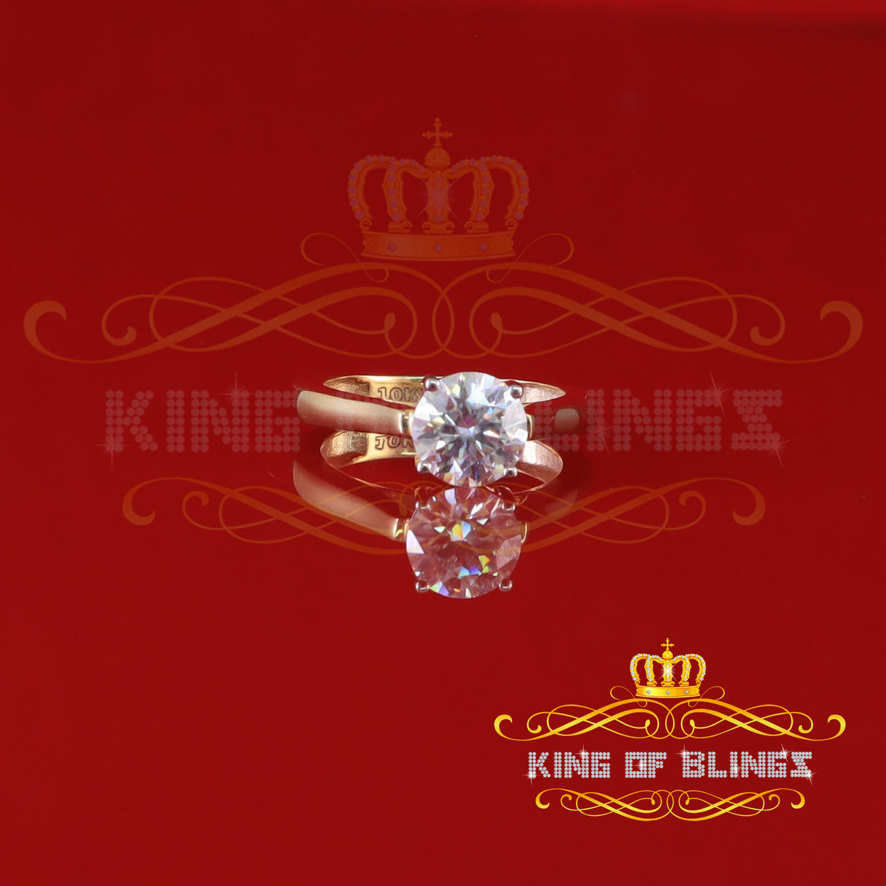 King Of Blings  10K Yellow Gold 2.00CT VVS' 'FL' D clr Round Solitaire Moissonite Womens Ring S/7