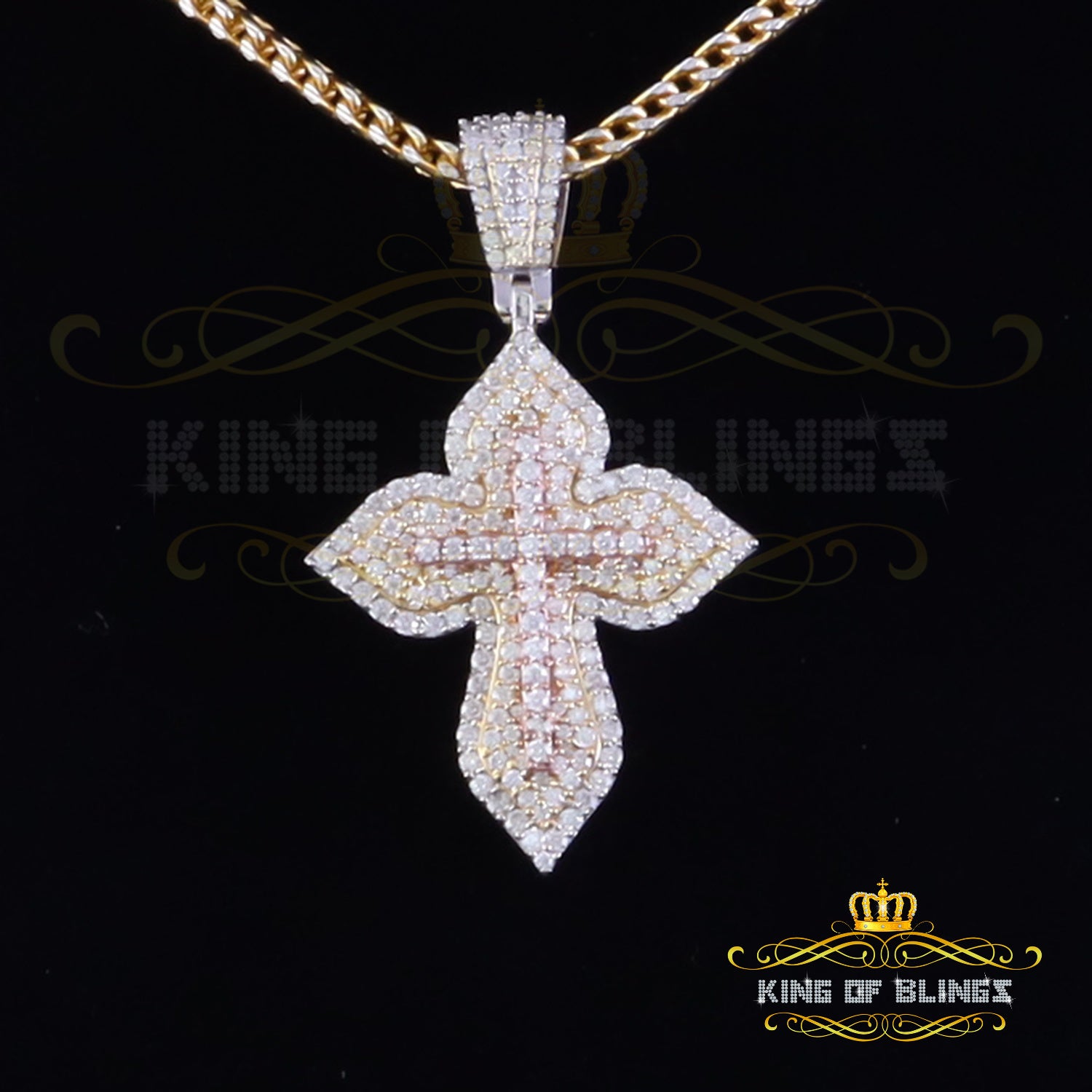King Of Bling's Yellow 3.00 VVS D Moissanite Silver Charm Cross Floury Pendant Men's & Women's KING OF BLINGS