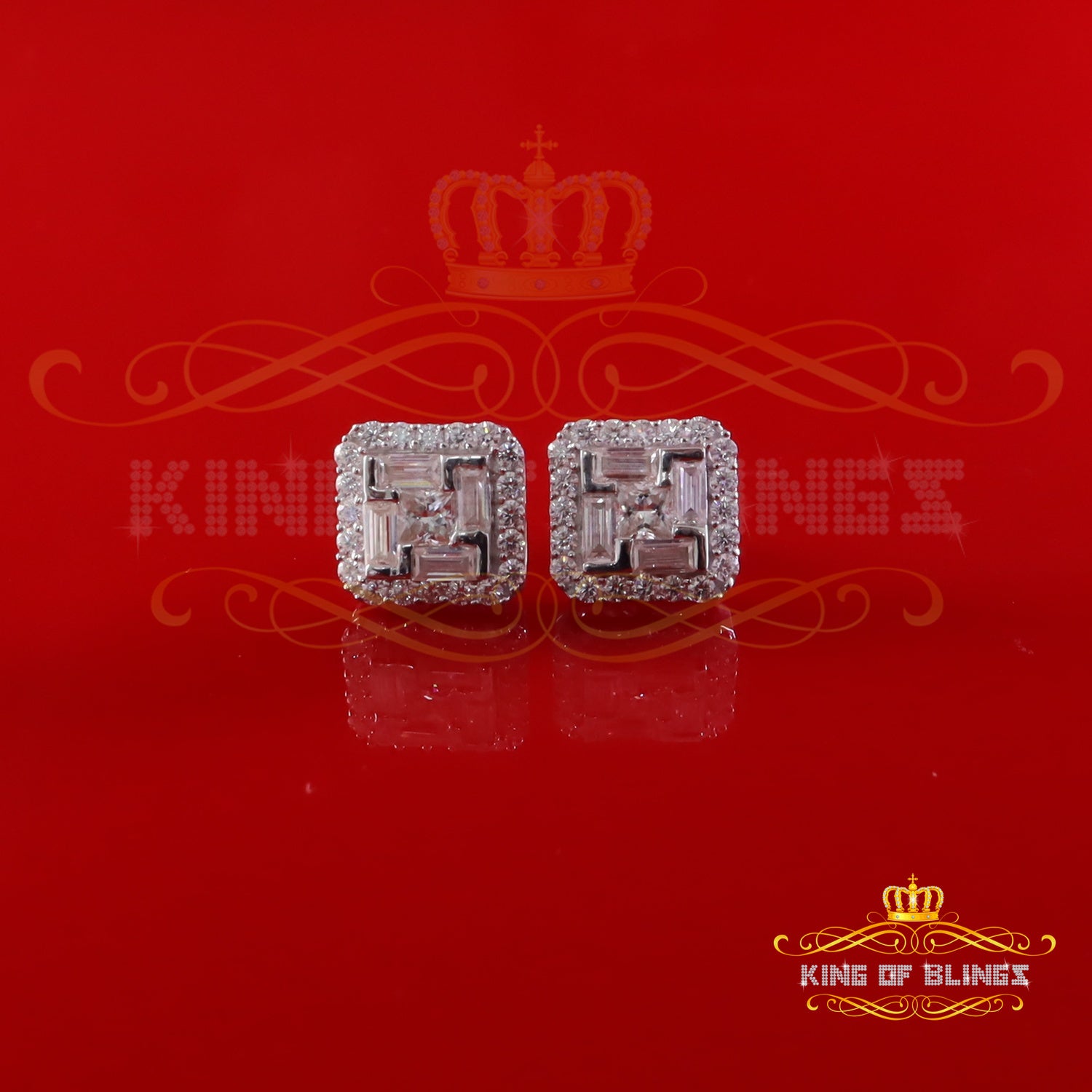 King of Bling's New Men's White 925 Silver 1.66ct VVS D Moissanite Square Stud Womens Earring KING OF BLINGS