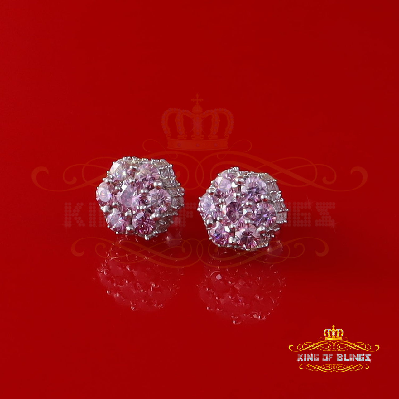 King of Bling's 2.00CT VVS 'D' Pink Moissanite Men's/Women 925 White Silver 7stone Stud Earrings