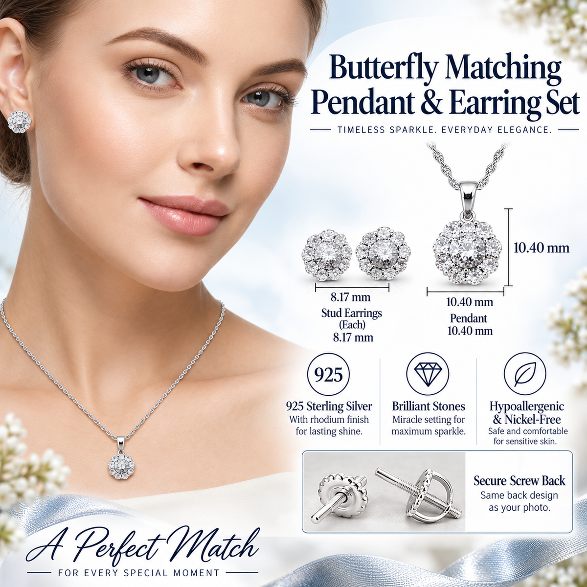 King of Bling's 925 White Sterling Silver 0.33 CTW Genuine Diamond Round Pendant & Earrings Set King of Blings