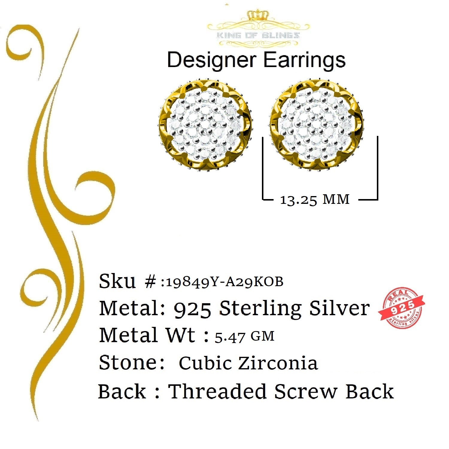 King of Bling's 925 Yellow Sterling Silver 2.28ct Cubic Zirconia Women's Hip Hop Flower Earrings KING OF BLINGS