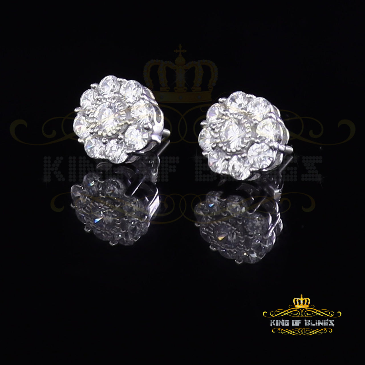 King of Blings- 925 White Sterling Silver 2.88ct Cubic Zirconia Women's Hip Hop Floral Earrings KING OF BLINGS