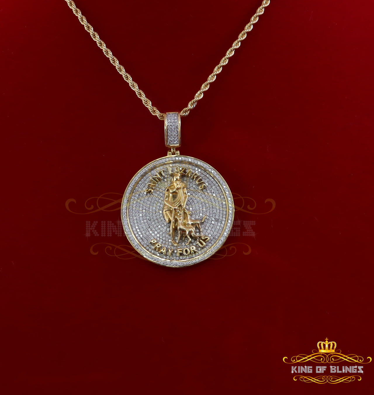 King Of Bling's 925 Silver 2.00ct VVS D clr Moissanite SAINT LAZARUS Yellow 1.00 inch Pendant
