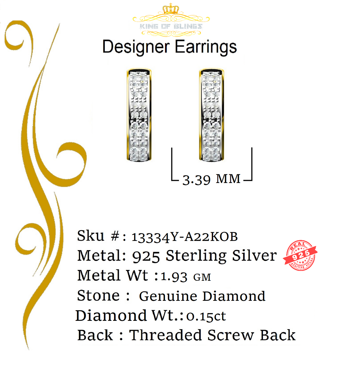 King of Blings-0.15ct Diamond 925 Sterling Silver Yellow Hoop Stud Earrings For Men's / Women's