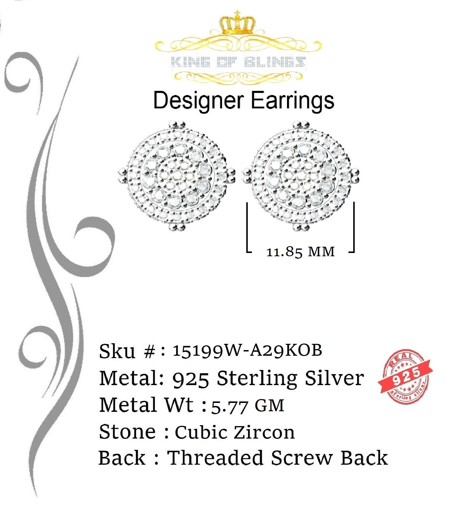 King of Blings- White Sterling Silver 1.32ct Cubic Zirconia Hip Hop Round Earrings for women's KING OF BLINGS