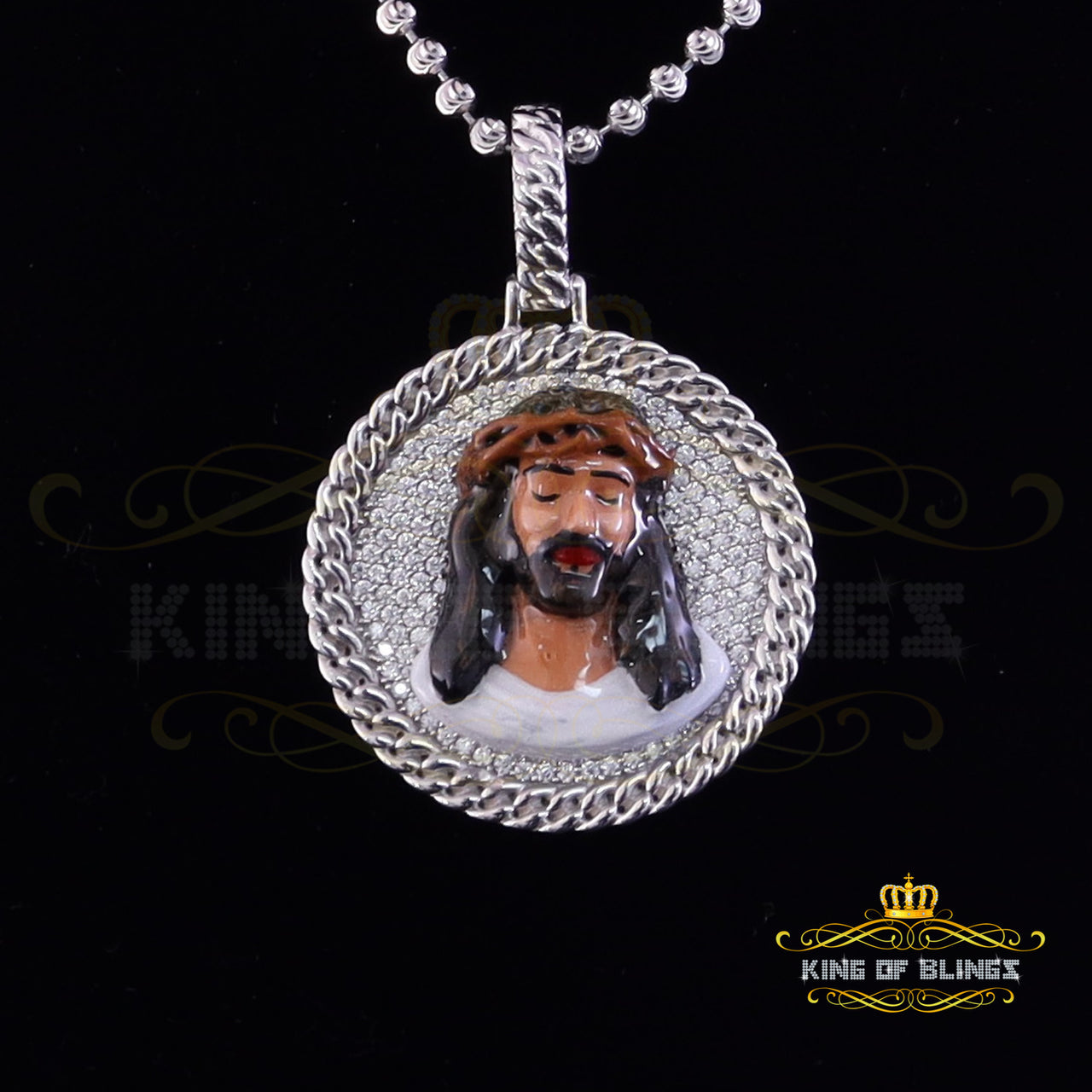 King Of Bling's 925 Sterling Silver 2.00ct W/Crushed Moissanite White "1.50" Jesus Charm Pendant KING OF BLINGS
