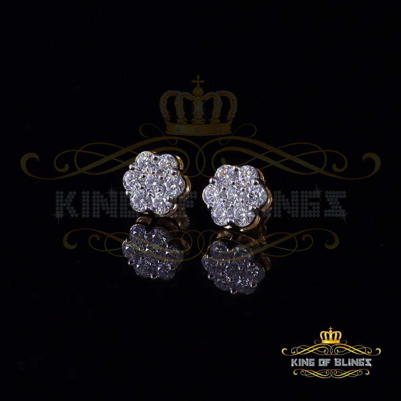 King Of Bling's Stud FLORAL Earrings 10k Real Yellow Gold 1.50ct Vvs 'D' Color Real Moissanite