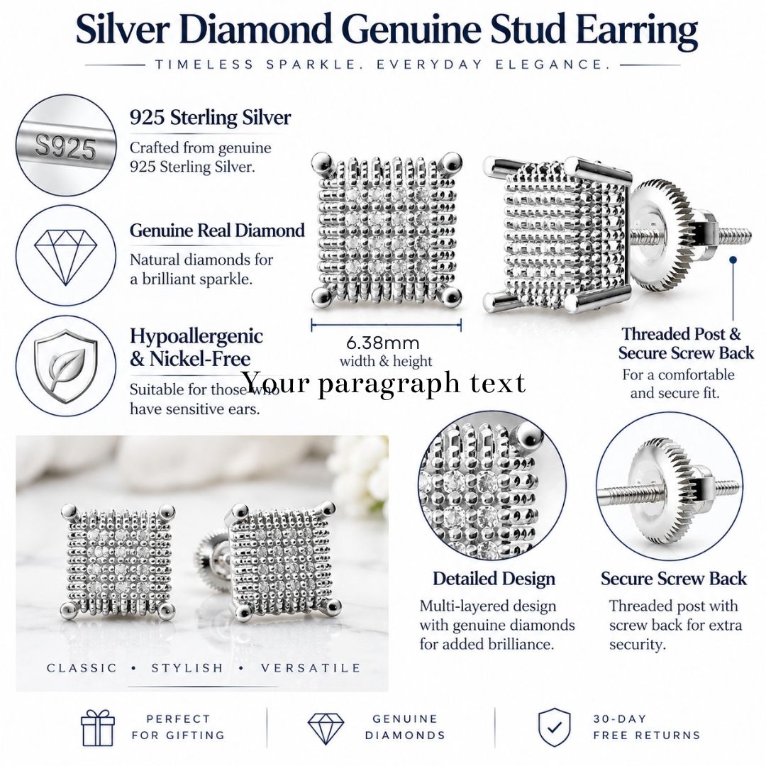 King Of Bling's 0.10ct Diamond Aretes Para Hombre 925 Silver Women & Men White Square Earring KING OF BLINGS