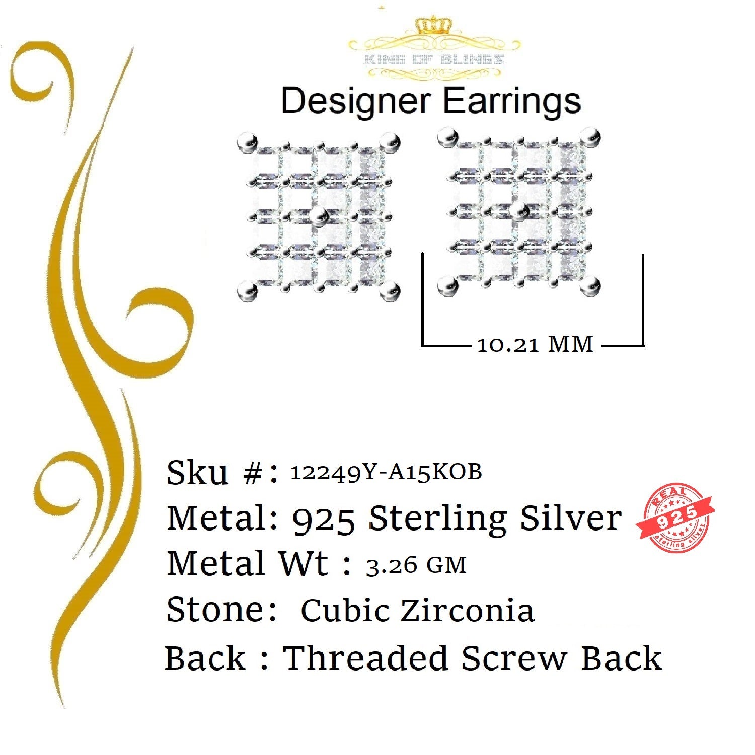 King of Bling's 925 Yellow Silver 2.88ct Cubic Zirconia Women's & Men's Hip Hop Square Earrings KING OF BLINGS