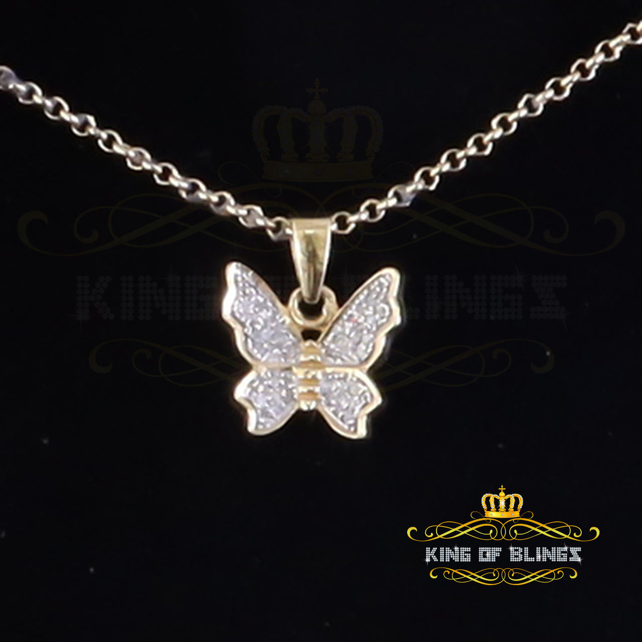 King Of Bling's 925 Sterling Silver 0.10CT Real Diamond with Butterfly Yellow Necklace Pendant