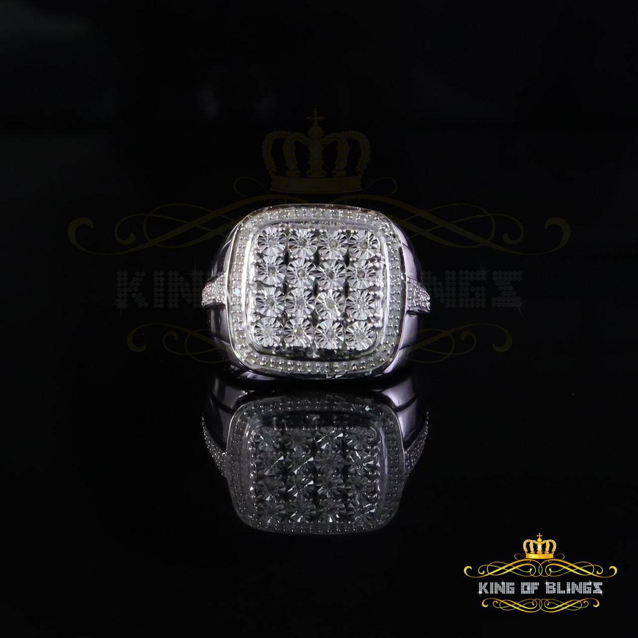 King Of Bling's Trendy Big Mirage set Real Diamond 0.50ct White Silver Square Mens Ring Size 10
