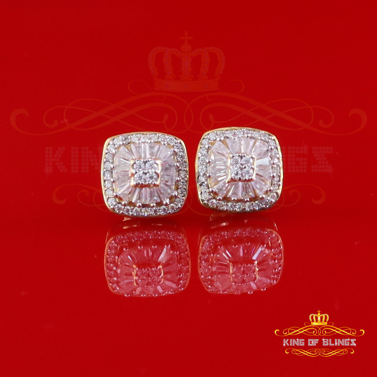 King of Bling's Yellow Silver 1.00ct VVS 'D' Moissanite Floral Square Earring Womens/Men's King of Blings