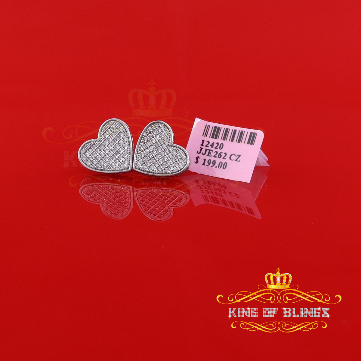 King of Bling's 925 Sterling White Silver 0.84ct Cubic Zirconia Women's & Men's Heart Earrings KING OF BLINGS