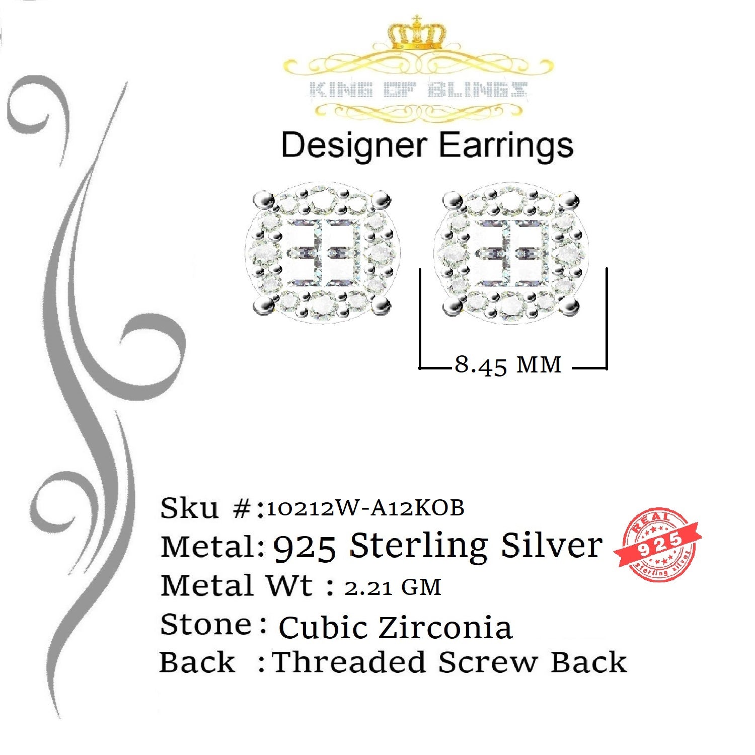 King of Blings- 925 White Sterling Silver 0.96ct Cubic Zirconia Women's Hip Hop Flower Earrings KING OF BLINGS